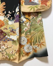 Photo7: JAPANESE KIMONO SILK ANTIQUE FURISODE / BLACK / SHO-CHIKU-BAI / GOSYOGURUMA  (7)