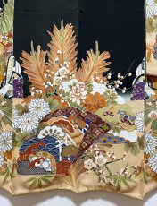 Photo8: JAPANESE KIMONO SILK ANTIQUE FURISODE / BLACK / SHO-CHIKU-BAI / GOSYOGURUMA  (8)