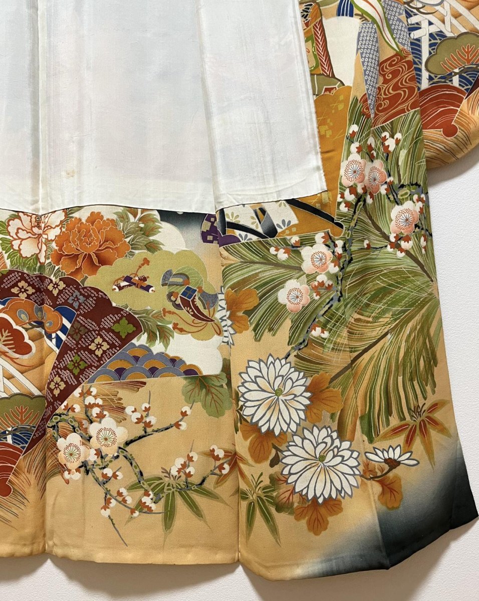 Photo12: JAPANESE KIMONO SILK ANTIQUE FURISODE / BLACK / SHO-CHIKU-BAI / GOSYOGURUMA  (12)