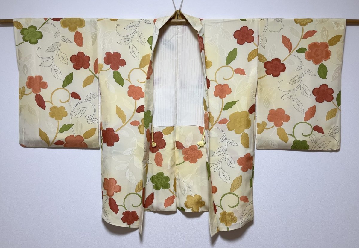 Photo2: JAPANESE KIMONO SILK HAORI / IVORY / JIMON-OKOSHI / FLOWER & LEAF (2)