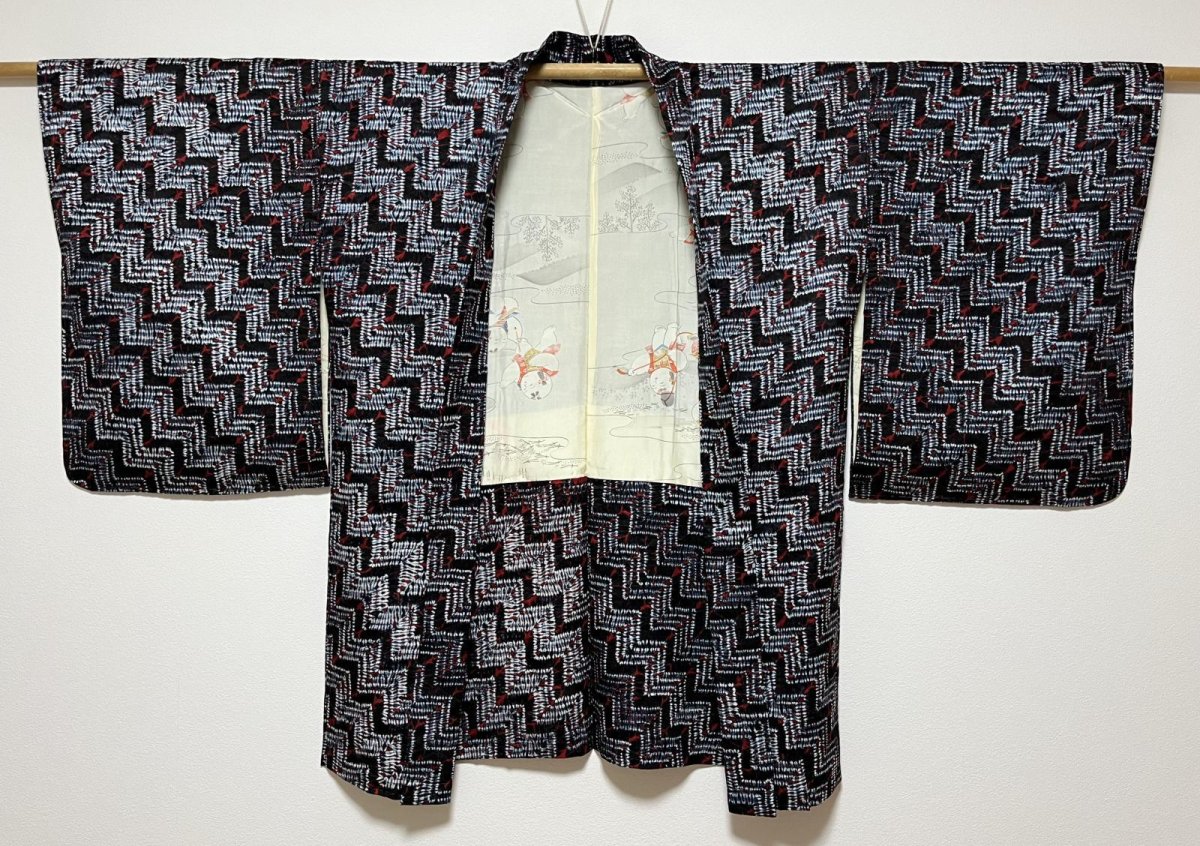 Photo2: JAPANESE KIMONO SILK SHIBORI HAORI / STAIR-MOKUME SHIBORI DYED / DARK INDIGO BLUE x RED / UNUSED (2)