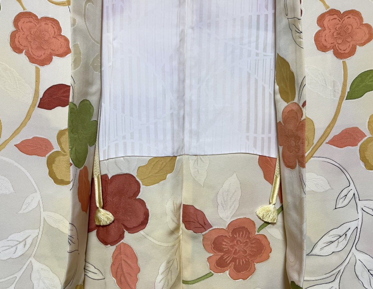 Photo7: JAPANESE KIMONO SILK HAORI / IVORY / JIMON-OKOSHI / FLOWER & LEAF (7)