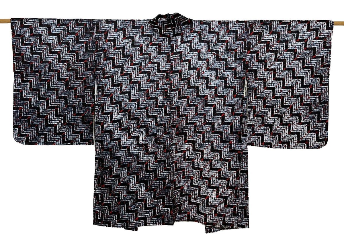 Photo1: JAPANESE KIMONO SILK SHIBORI HAORI / STAIR-MOKUME SHIBORI DYED / DARK INDIGO BLUE x RED / UNUSED (1)