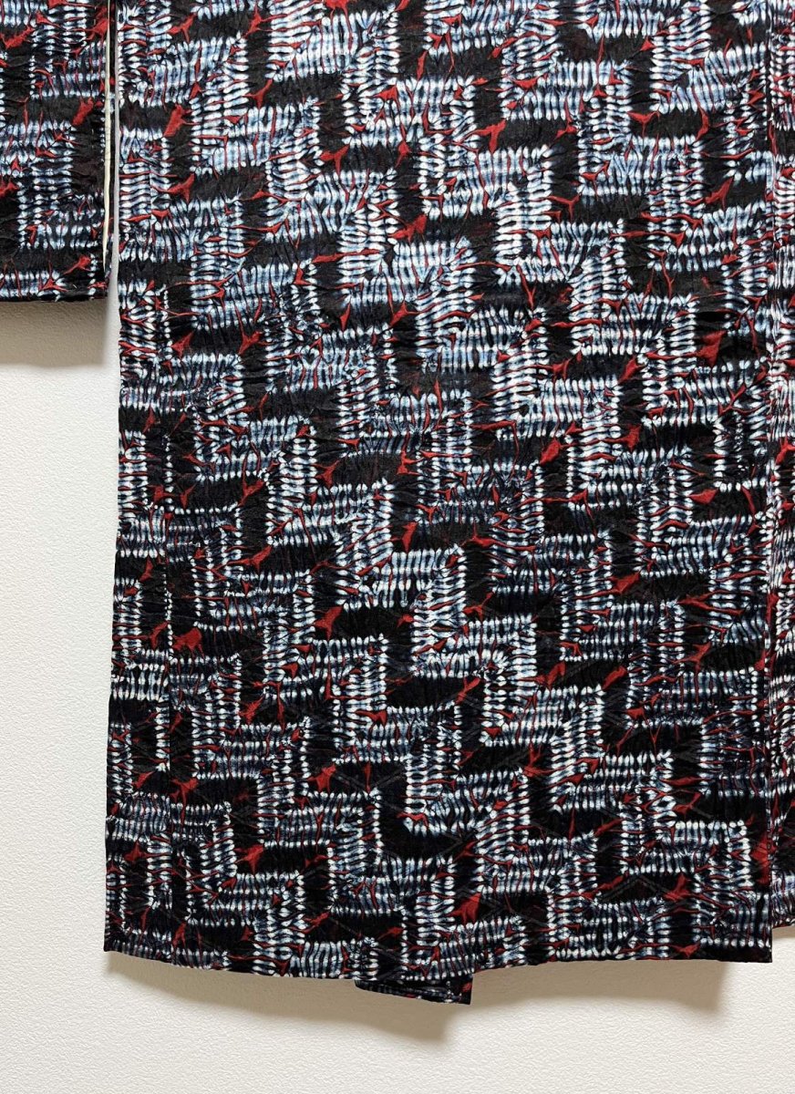 Photo7: JAPANESE KIMONO SILK SHIBORI HAORI / STAIR-MOKUME SHIBORI DYED / DARK INDIGO BLUE x RED / UNUSED (7)