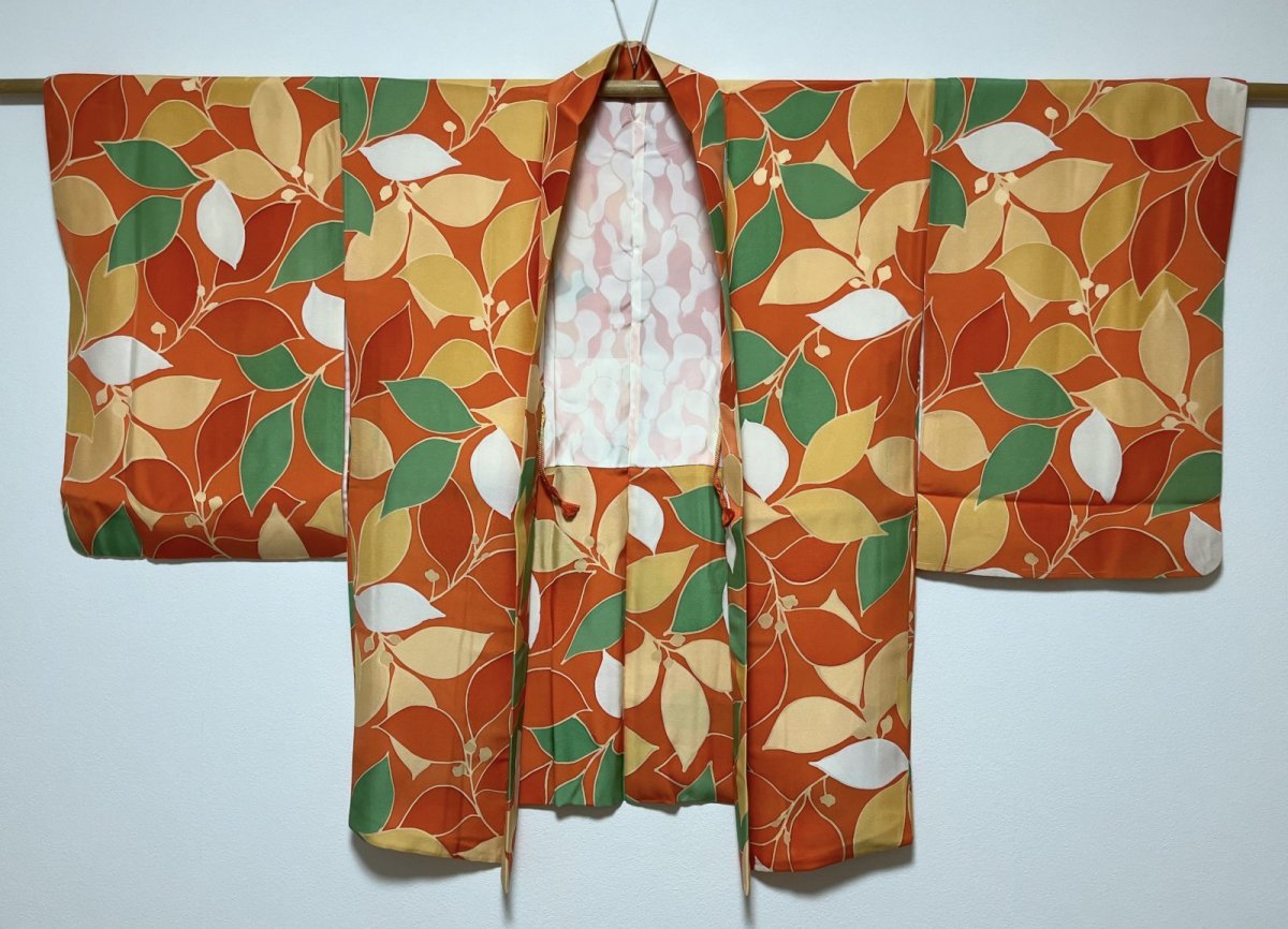 Photo2: JAPANESE KIMONO SILK HAORI / ORANGE / LEAF  (2)