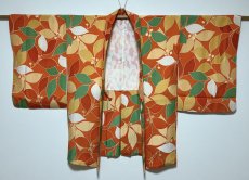 Photo2: JAPANESE KIMONO SILK HAORI / ORANGE / LEAF  (2)