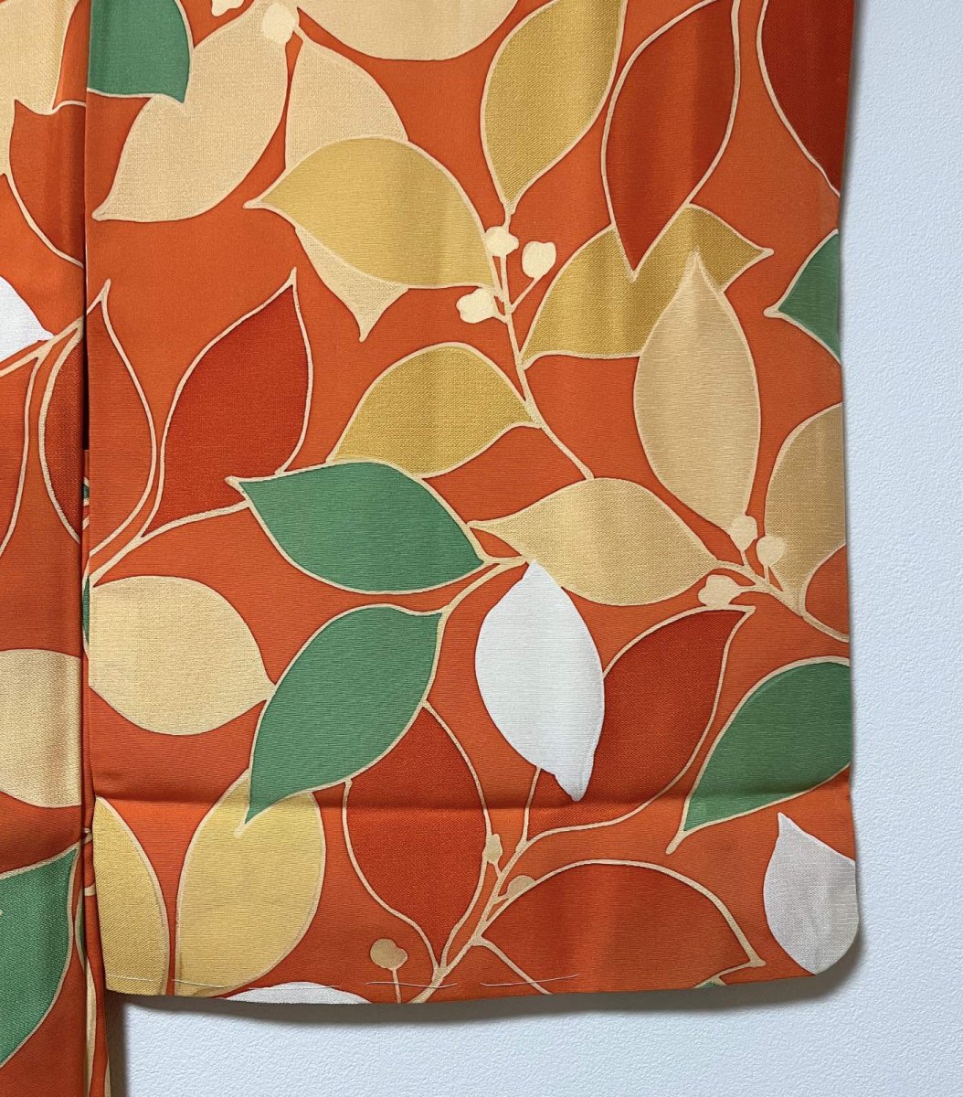 Photo6: JAPANESE KIMONO SILK HAORI / ORANGE / LEAF  (6)