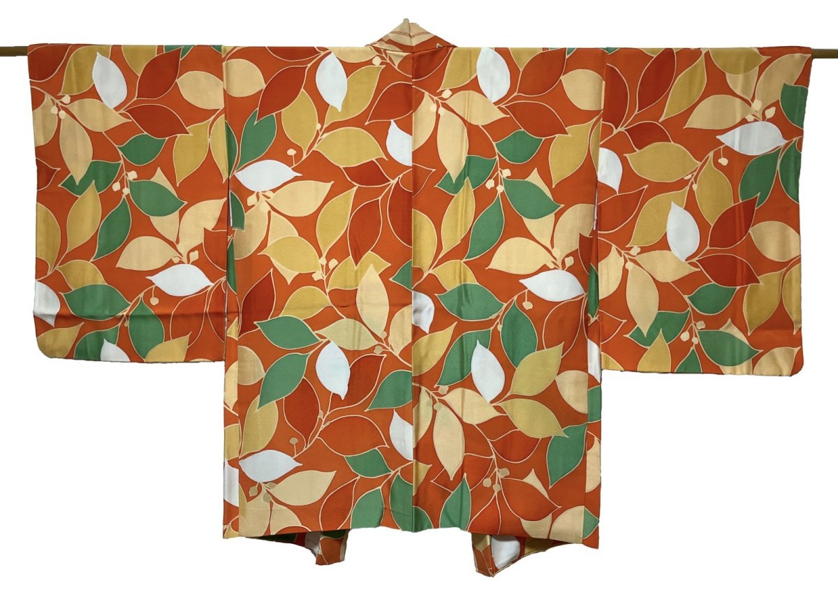 Photo1: JAPANESE KIMONO SILK HAORI / ORANGE / LEAF  (1)