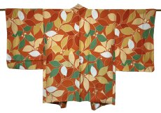 Photo1: JAPANESE KIMONO SILK HAORI / ORANGE / LEAF  (1)