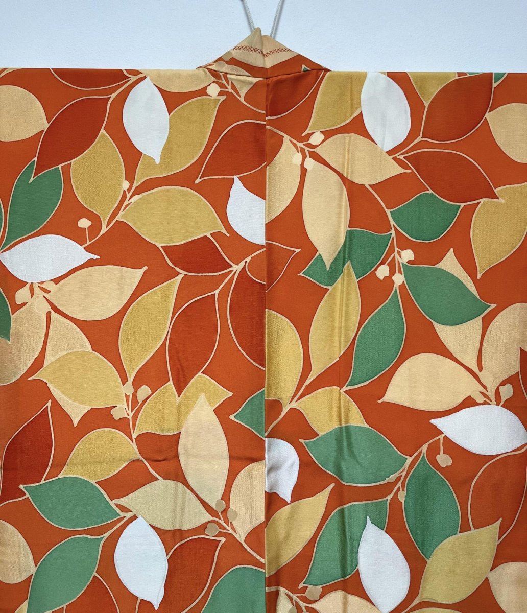 Photo3: JAPANESE KIMONO SILK HAORI / ORANGE / LEAF  (3)