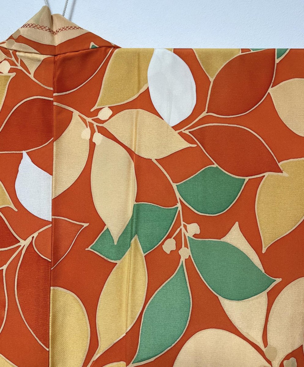 Photo4: JAPANESE KIMONO SILK HAORI / ORANGE / LEAF  (4)