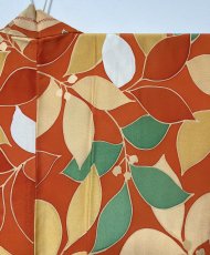 Photo4: JAPANESE KIMONO SILK HAORI / ORANGE / LEAF  (4)