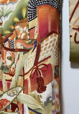 Photo10: JAPANESE KIMONO SILK ANTIQUE FURISODE / SHO-CHIKU-BAI / GOSYOGURUMA / ORANGE BROWN (10)