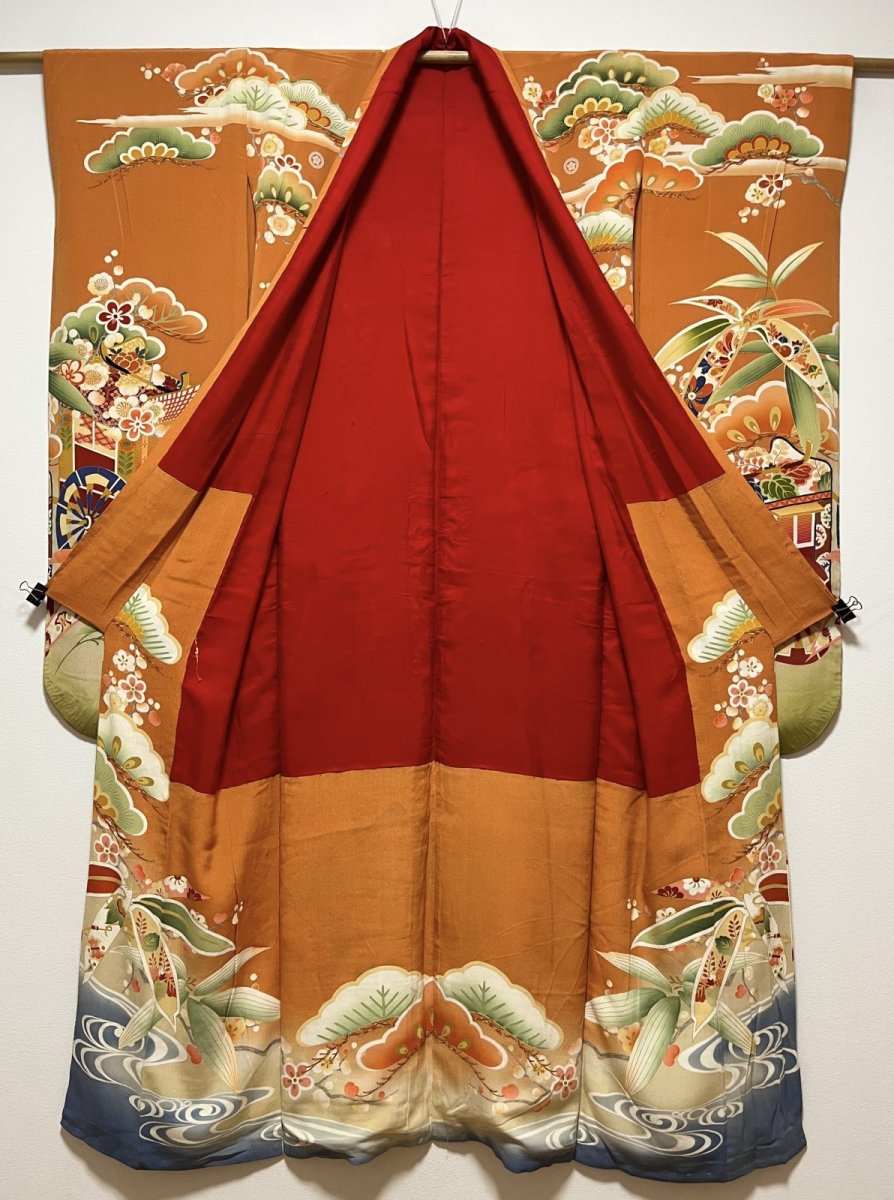 Photo3: JAPANESE KIMONO SILK ANTIQUE FURISODE / SHO-CHIKU-BAI / GOSYOGURUMA / ORANGE BROWN (3)