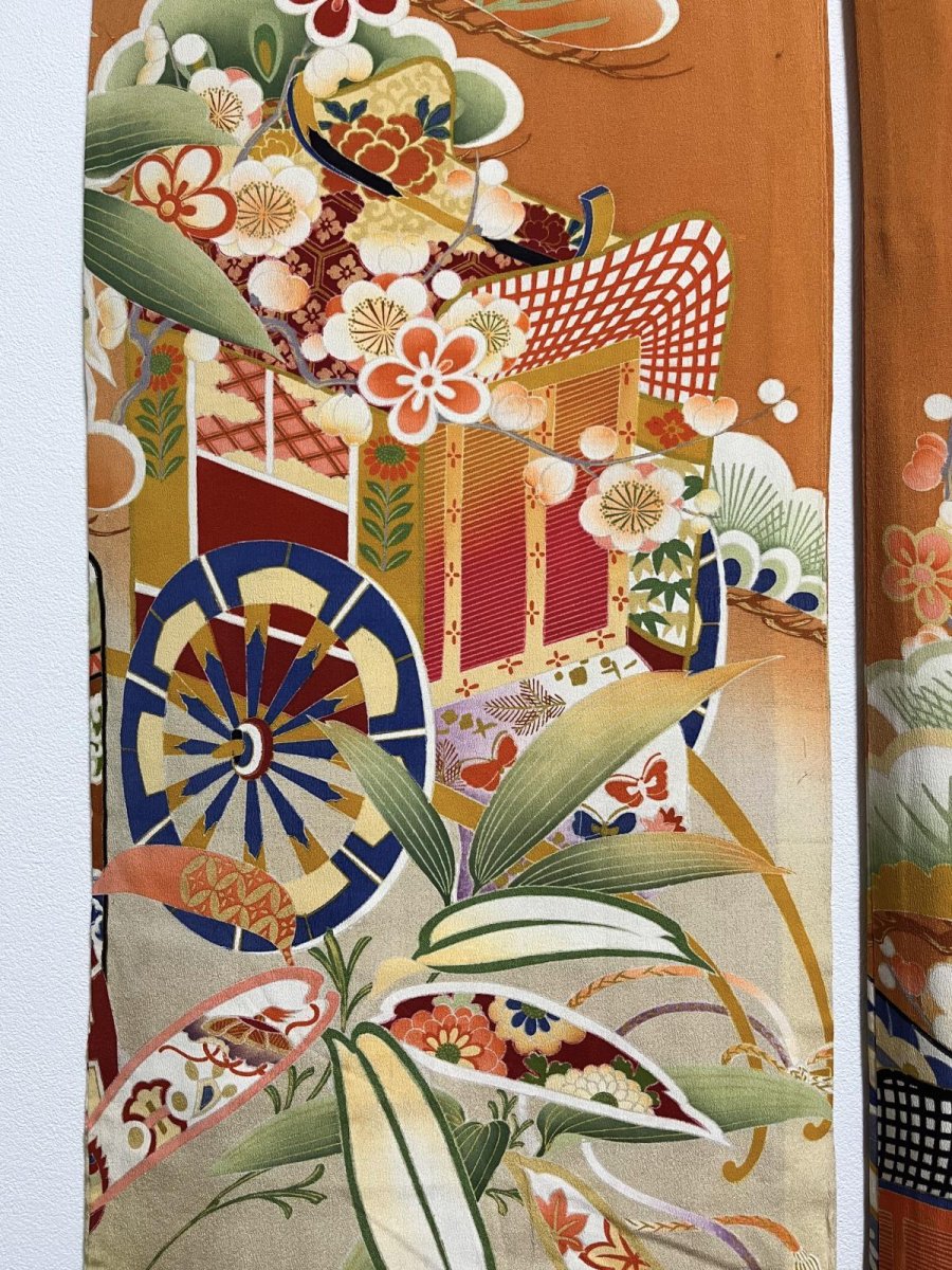 Photo12: JAPANESE KIMONO SILK ANTIQUE FURISODE / SHO-CHIKU-BAI / GOSYOGURUMA / ORANGE BROWN (12)