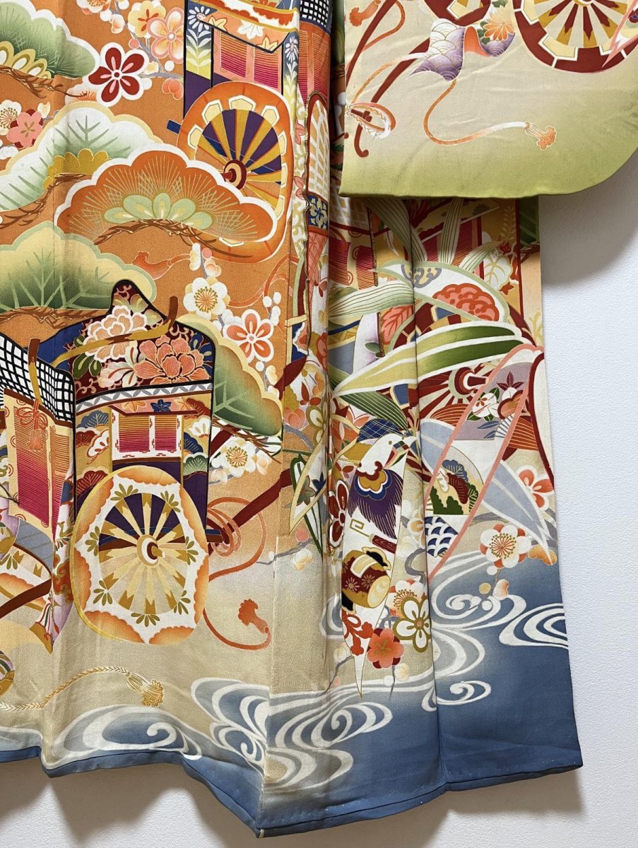 Photo7: JAPANESE KIMONO SILK ANTIQUE FURISODE / SHO-CHIKU-BAI / GOSYOGURUMA / ORANGE BROWN (7)