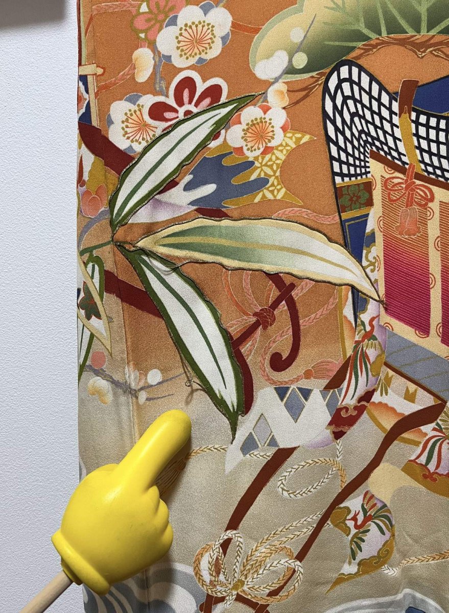 Photo14: JAPANESE KIMONO SILK ANTIQUE FURISODE / SHO-CHIKU-BAI / GOSYOGURUMA / ORANGE BROWN (14)