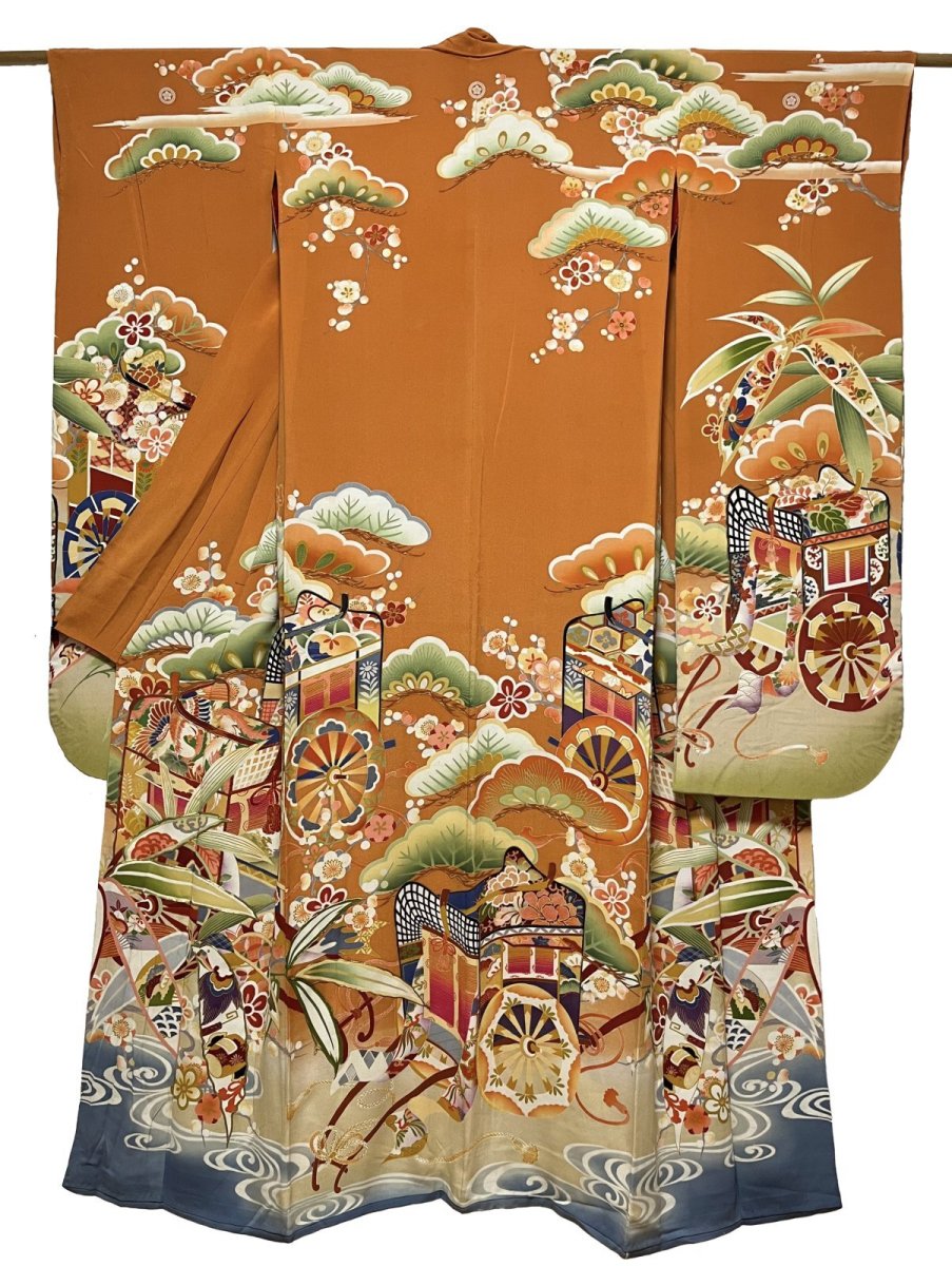 Photo1: JAPANESE KIMONO SILK ANTIQUE FURISODE / SHO-CHIKU-BAI / GOSYOGURUMA / ORANGE BROWN (1)