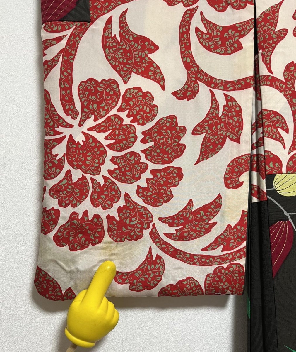 Photo14: JAPANESE KIMONO SILK ANTIQUE HAORI / LEAF / UZUMAKI / BLACK (14)