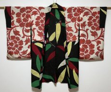 Photo4: JAPANESE KIMONO SILK ANTIQUE HAORI / LEAF / UZUMAKI / BLACK (4)