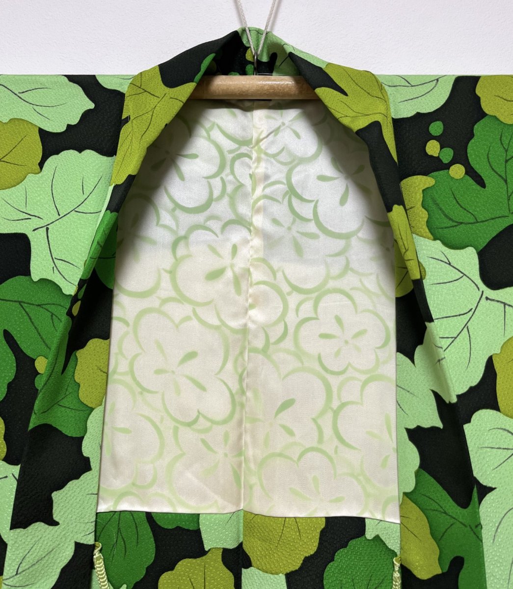 Photo6: JAPANESE KIMONO SILK HAORI / LEAF / UNUSED / BLACK (6)