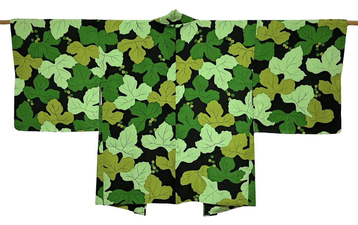 Photo1: JAPANESE KIMONO SILK HAORI / LEAF / UNUSED / BLACK (1)