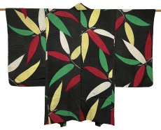 Photo1: JAPANESE KIMONO SILK ANTIQUE HAORI / LEAF / UZUMAKI / BLACK (1)