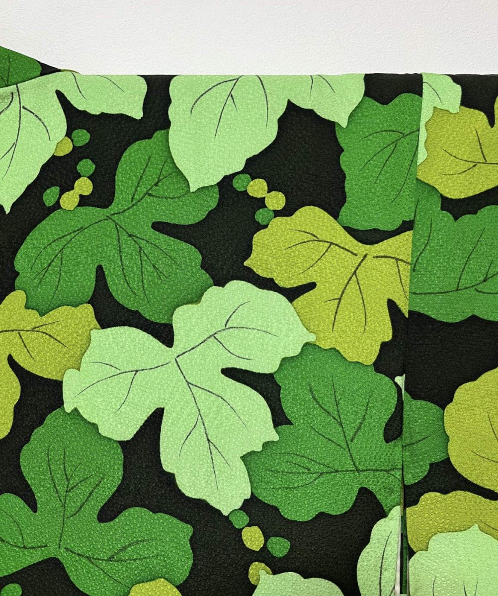Photo4: JAPANESE KIMONO SILK HAORI / LEAF / UNUSED / BLACK (4)