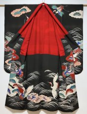 Photo3: JAPANESE KIMONO SILK ANTIQUE FURISODE / FLYING CRANE / WAVE / TAKARAZUKUSHI (3)