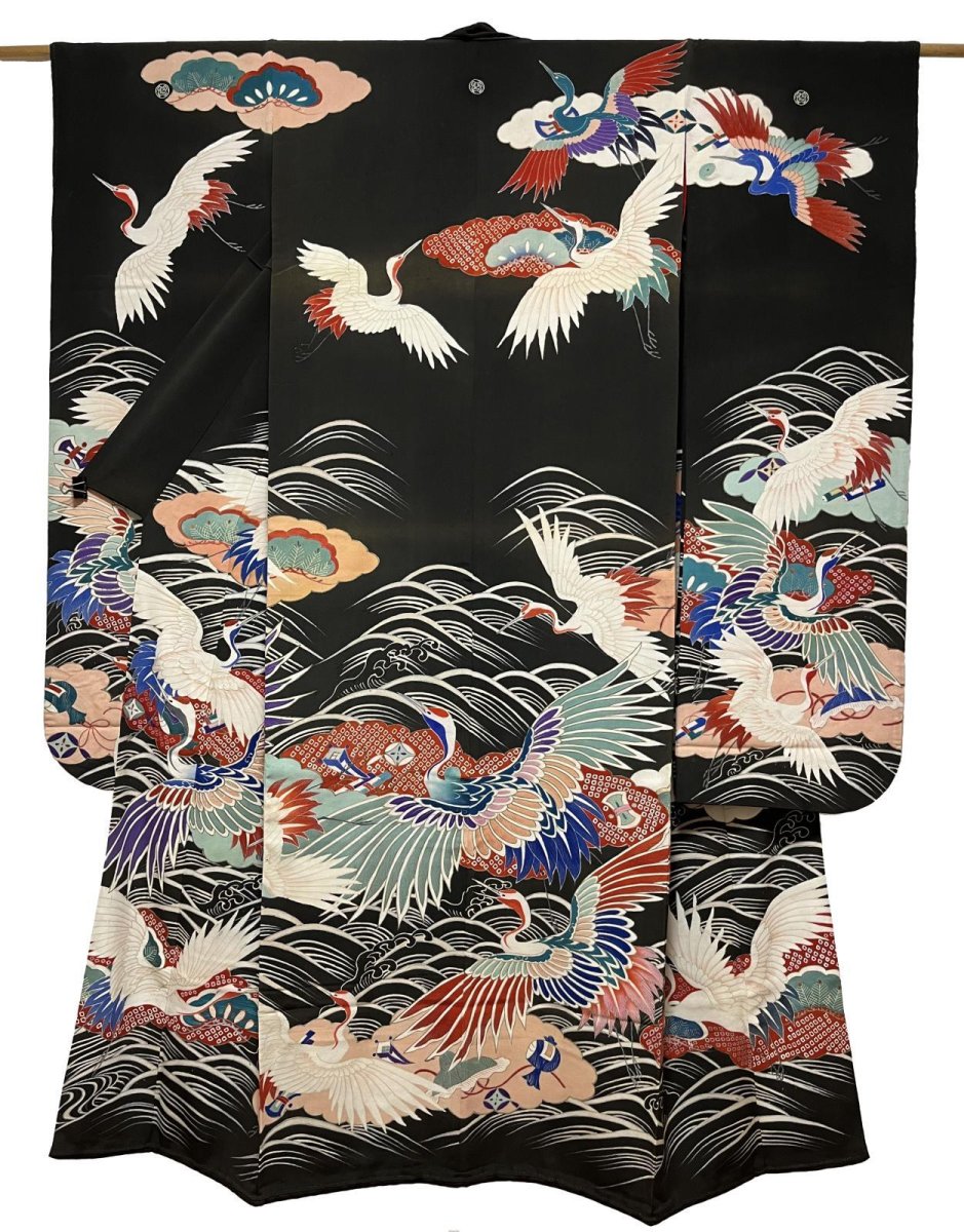 Photo1: JAPANESE KIMONO SILK ANTIQUE FURISODE / FLYING CRANE / WAVE / TAKARAZUKUSHI (1)
