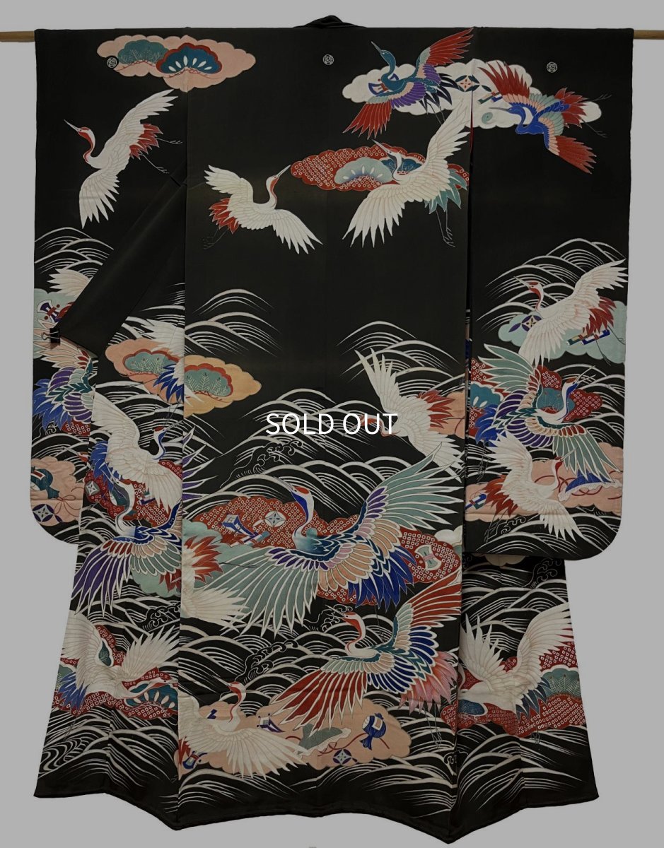 Photo1: JAPANESE KIMONO SILK ANTIQUE FURISODE / FLYING CRANE / WAVE / TAKARAZUKUSHI (1)