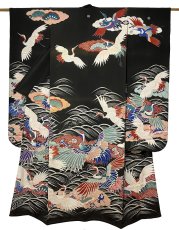 Photo1: JAPANESE KIMONO SILK ANTIQUE FURISODE / FLYING CRANE / WAVE / TAKARAZUKUSHI (1)