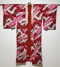 Photo3: JAPANESE KIMONO SILK ANTIQUE JUBAN / FLYING CRANE / WAVE / PINE LEAF / RED (3)