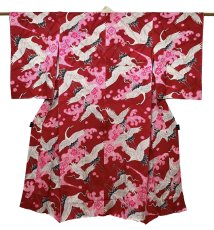 Photo1: JAPANESE KIMONO SILK ANTIQUE JUBAN / FLYING CRANE / WAVE / PINE LEAF / RED (1)