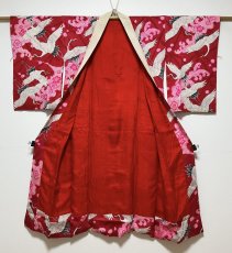 Photo4: JAPANESE KIMONO SILK ANTIQUE JUBAN / FLYING CRANE / WAVE / PINE LEAF / RED (4)