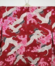 Photo5: JAPANESE KIMONO SILK ANTIQUE JUBAN / FLYING CRANE / WAVE / PINE LEAF / RED (5)