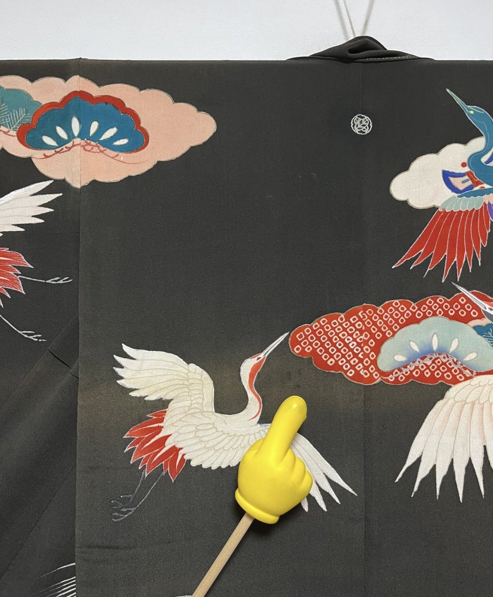 Photo12: JAPANESE KIMONO SILK ANTIQUE FURISODE / FLYING CRANE / WAVE / TAKARAZUKUSHI (12)
