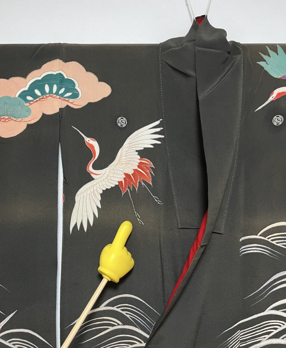 Photo16: JAPANESE KIMONO SILK ANTIQUE FURISODE / FLYING CRANE / WAVE / TAKARAZUKUSHI (16)