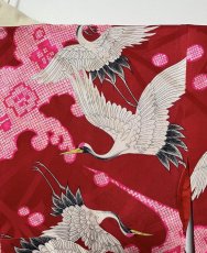 Photo6: JAPANESE KIMONO SILK ANTIQUE JUBAN / FLYING CRANE / WAVE / PINE LEAF / RED (6)