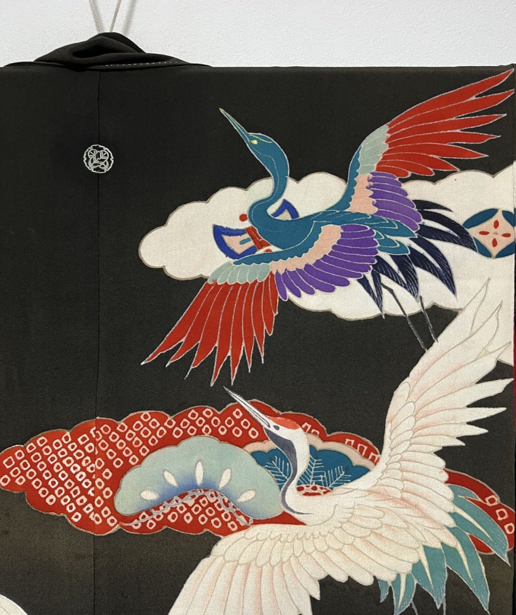 Photo4: JAPANESE KIMONO SILK ANTIQUE FURISODE / FLYING CRANE / WAVE / TAKARAZUKUSHI (4)