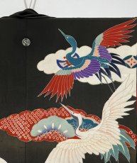 Photo4: JAPANESE KIMONO SILK ANTIQUE FURISODE / FLYING CRANE / WAVE / TAKARAZUKUSHI (4)
