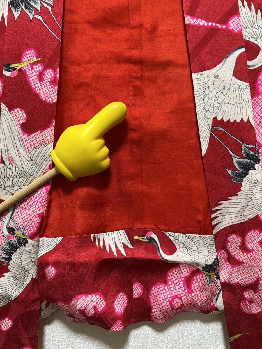 Photo13: JAPANESE KIMONO SILK ANTIQUE JUBAN / FLYING CRANE / WAVE / PINE LEAF / RED (13)