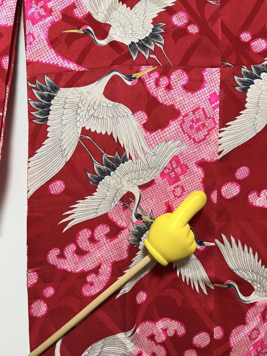 Photo11: JAPANESE KIMONO SILK ANTIQUE JUBAN / FLYING CRANE / WAVE / PINE LEAF / RED (11)