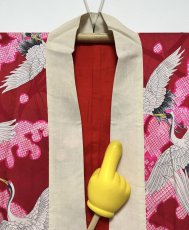 Photo12: JAPANESE KIMONO SILK ANTIQUE JUBAN / FLYING CRANE / WAVE / PINE LEAF / RED (12)