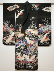 Photo2: JAPANESE KIMONO SILK ANTIQUE FURISODE / FLYING CRANE / WAVE / TAKARAZUKUSHI (2)