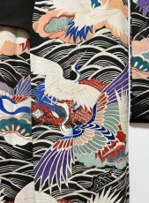 Photo10: JAPANESE KIMONO SILK ANTIQUE FURISODE / FLYING CRANE / WAVE / TAKARAZUKUSHI (10)