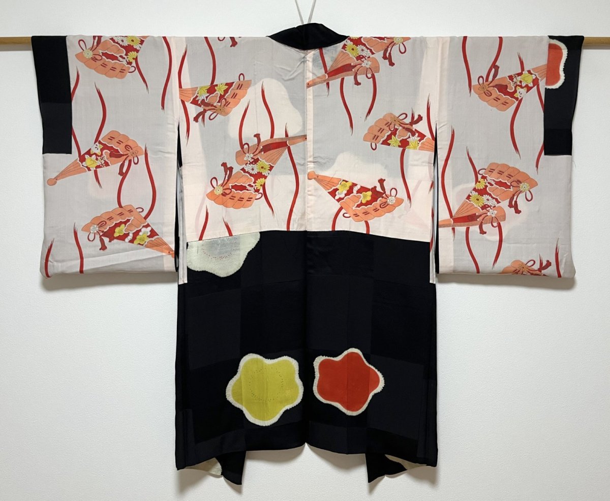 Photo3: JAPANESE KIMONO SILK ANTIQUE HAORI / SHIBORI UME FLOWER / ICHIMATSU / BLACK (3)