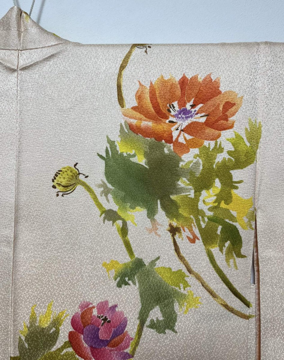 Photo4: JAPANESE KIMONO SILK HAORI / HAND PAINTED FLOWER / LIGHT CORAL / UNUSED (4)