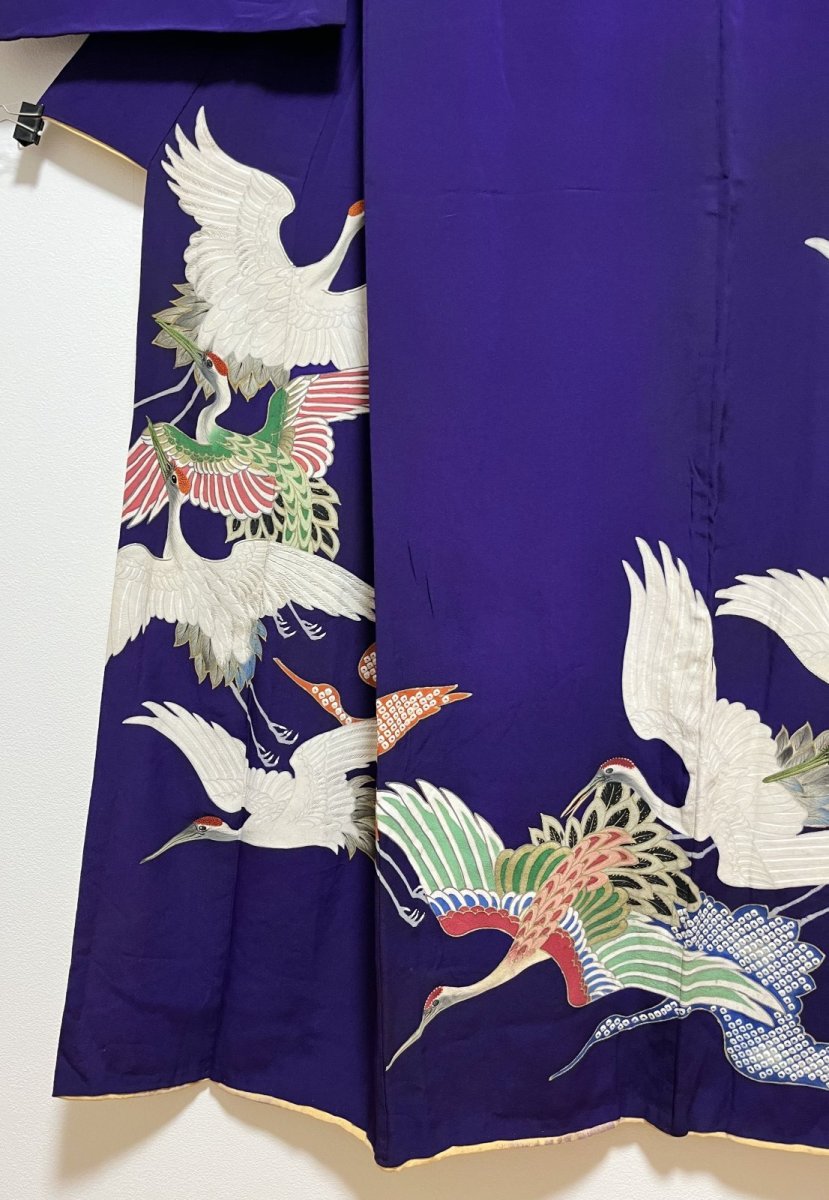 Photo9: JAPANESE KIMONO SILK ANTIQUE HOUMONGI / FLYING CRANE / EMBROIDERY / DARK PURPLE (9)