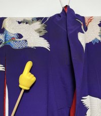 Photo16: JAPANESE KIMONO SILK ANTIQUE HOUMONGI / FLYING CRANE / EMBROIDERY / DARK PURPLE (16)